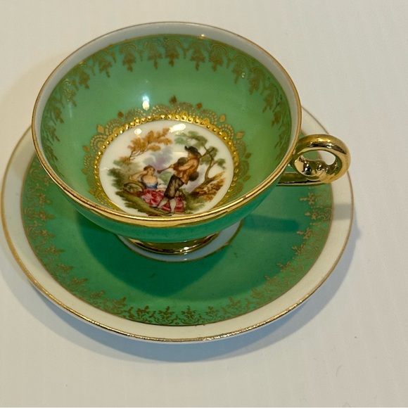 German Elegant Green and Gold Demitasse Cup and Saucer Set/ Mid Century - Picture 3 of 3